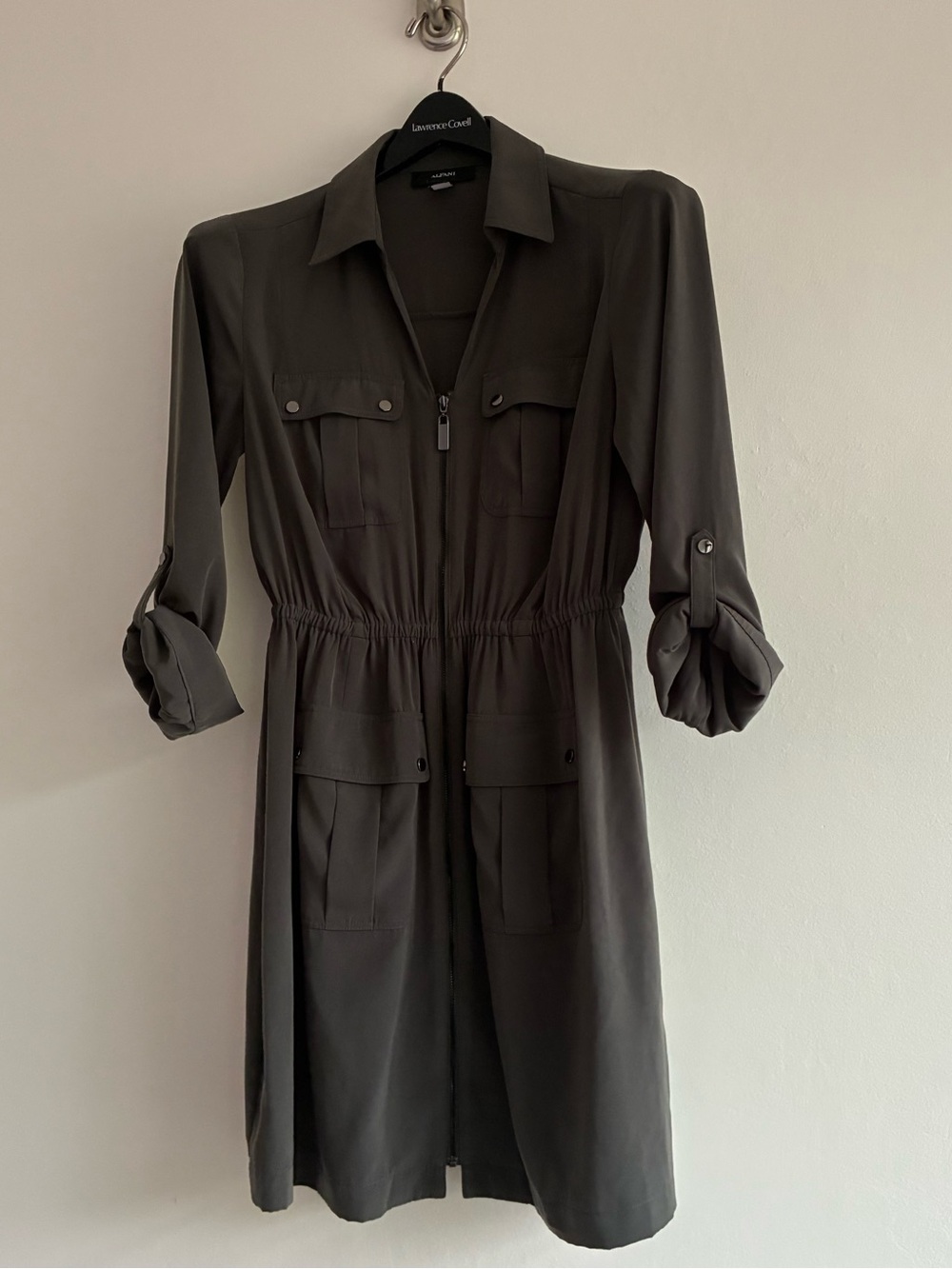 ALFANI Women's Zip Up Shirt Dress Military Safari Olive Green Roll Tab Sleeve 4